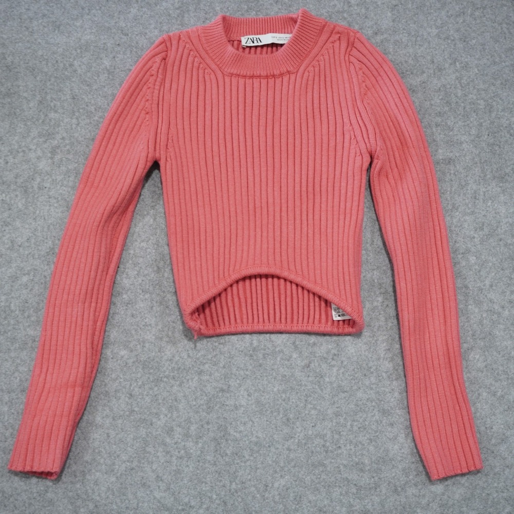 Zara Size Small Ribbed Knit Crop Top Pink Excellent Curved Hem Long Sleeve